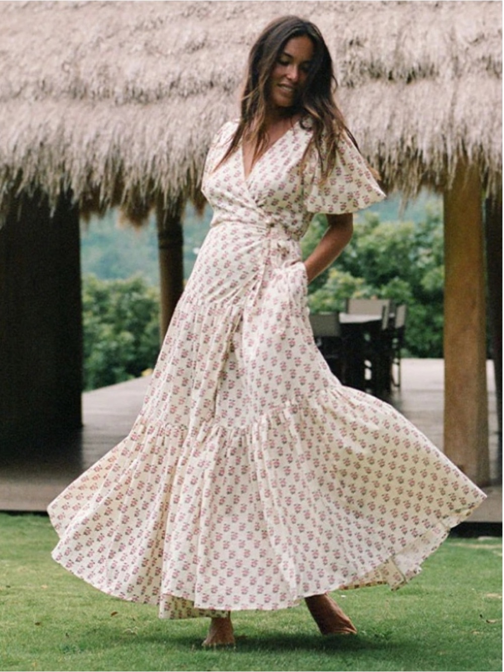 Women's Cream Floral Wrap Maxi Dress Zuri Wrap Dress